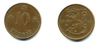 Финляндия 10 пенни 1923 республика (1918-1962) KM 24 медь 46-842