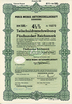 Германия 500 рейхсмарок 1942 АО Phrix-Werke, Гамбург, 4 1/2% облигация   бумага   8804-99-1