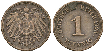 Германия 1 пфенниг 1906 F, Вильгельм II (1888-1918) KM 10, J. 10 медь 4615-716
