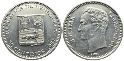 Венесуэла 50 сентимо 1965 Симон Боливар KM 41, Schon 51 никель 4392-968