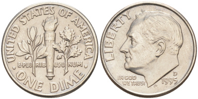 США 10 ЦЕНТОВ = 1 ДАЙМ 1995 D, РУЗВЕЛЬТ KM 195a медь плакированная медно-никелем 188-717