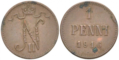 РОССИЯ ДЛЯ ФИНЛЯНДИИ 1 ПЕННИ 1916 НИКОЛАЙ II (1895-1917) KM 13, Биткин 476 медь 211-1017