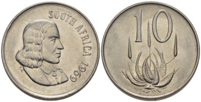 ЮАР 10 ЦЕНТОВ 1969 SOUTH, ЯН ВАН РИБЕК (1619-1677), ГОЛАНДСКИЙ ИССЛЕДОВАТЕЛЬ , МОРЕПЛАВАТЕЛЬ, ОСНОВАТЕЛЬ Г. КЕЙПТАУНА, ЦВЕТОК АЛОЭ, АНГЛИЙСКАЯ ЛЕГЕНДА KM 68.1 никель UNC 67-356