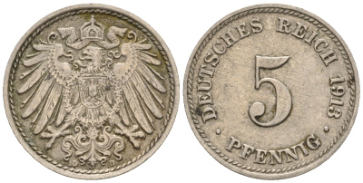 Германия 5 пфеннигов 1913 D, KM 11, J. 12 медно-никель 220-656