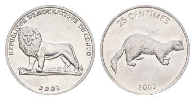 ДР Конго 25 сантимов 2002 Животные - Ласка KM 76 алюминий UNC 4630-1113