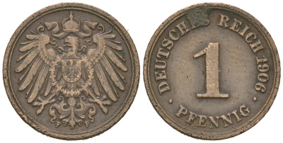 Германия 1 пфенниг 1906 F, Вильгельм II (1888-1918) KM 10, J. 10 медь 4615-716