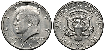 США 1/2 доллара (50 центов) 1971 D, Джон Кеннеди KM 202b медь плакированная медно-никелем 88-1212