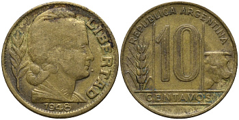 Аргентина 10 сентаво 1948 голова Свободы вправо KM 41 алюминиевая бронза 4576-1165