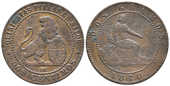 ИСПАНИЯ 2 САНТИМА 1870 ОМ KM 661 (Y52) медь 34-317