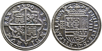 ИСПАНИЯ 8 РЕАЛОВ 1590 ФИЛИПП VIII, ИМИТАЦИЯ белый металл 93-823