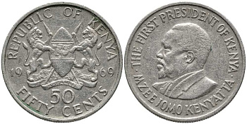Кения 50 центов 1969 Джомо Кениата KM 13 медно-никель 110-613