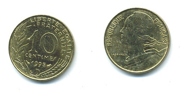ФРАНЦИЯ 10 САНТИМОВ 1995 ТИП MARIANNE KM 929 медь алюминий никель 84-1646