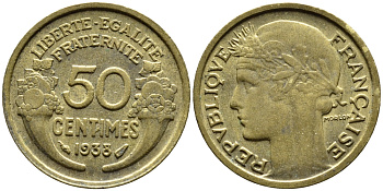 ФРАНЦИЯ 50 САНТИМОВ 1938 KM 894.1 алюминиевая бронза 46-325