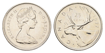 Канада 25 центов 1977 Елизавета II (1952-2022), олень KM 62b никель PROOF-LIKE (BU) 413-4124