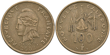 Французская Новая Каледония 100 франков 2002 хижина среди сосен и пальм, (IEOM) KM 15, Schoen 16, Lec 139f никель бронза 109-811