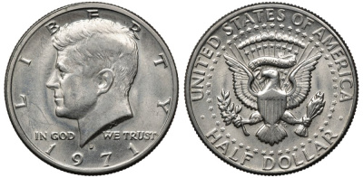 США 1/2 доллара (50 центов) 1971 D, Джон Кеннеди KM 202b медь плакированная медно-никелем 88-1212