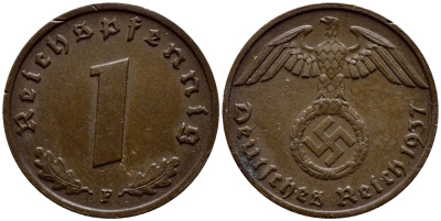 ГЕРМАНИЯ 1 РЕЙХСПФЕННИГ 1937 F КМ 89 J.361 бронза 4387-624