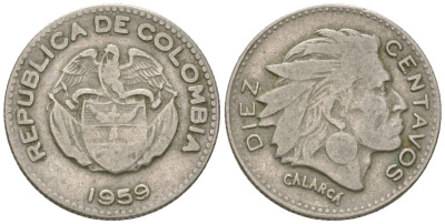 Колумбия 10 сентаво 1959 В, индеец Каларка KM 212 медно-никель 4611-854
