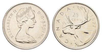 Канада 25 центов 1977 Елизавета II (1952-2022), олень KM 62b никель PROOF-LIKE (BU) 413-4124