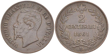 ИТАЛИЯ 2 ЧЕНТЕЗИМО 1861 М, МОНДВОР МИЛАН, ВИКТОР ЭММАНУИЛ II (1861-1878) KM 2.1 медь 4182-1214