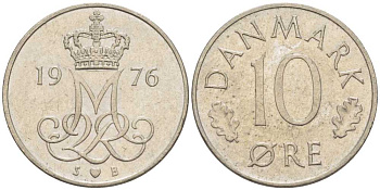 Дания 10 эре 1976 S; B, Маргрете II (1972- ) KM 860.1 медно-никель 4387-1215