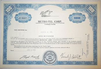 США, METRO-TEL CORP. 100 акций 1970 бумага 8805-66-1