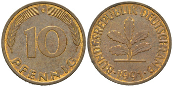 Германия 10 пфеннигов 1991 G KM 108, J. 383 сталь плакированная латунью 4604-1146