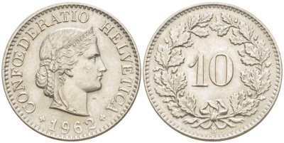 ШВЕЙЦАРИЯ 10 РАППЕНОВ 1962 В KM 27 медно-никель 216-1257
