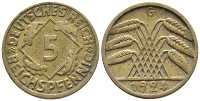 ГЕРМАНИЯ 5 РЕЙХСПФЕННИГОВ 1924 G KM 39, J. 316 алюминиевая бронза 39-536