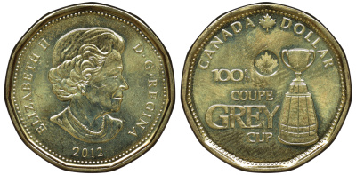 Канада 1 доллар 2012 100-ый кубок Грея (чемпионат канадской футбольной лиги) KM 1295 никель плакированный бронзой UNC 4542-834