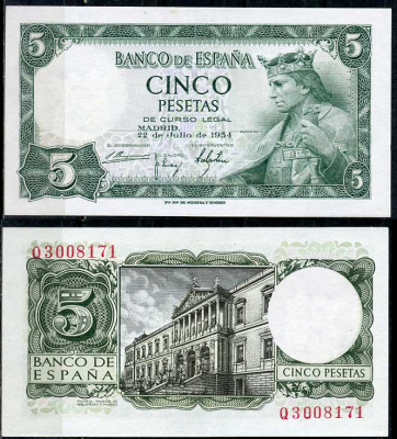 Испания 5 песет 1954 Альфонсо X, король Кастилии и Леона, дворец библиотек и музеев, Мадрид Pick 146 a  бумага  aUNC 8614-38-2-2