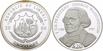 Либерия 20 долларов 2000 первый президент США Джордж Вашингтон (1789-1797) серебро PROOF 11-140-25