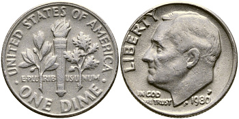 США 10 центов = дайм 1980 P, Рузвельт KM 195а медь плакированная медно-никелем 53-129