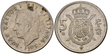 Испания 5 песет 1975 (79) Хуан Карлос I (1975-2014) KM 807 медно-никель 210-141