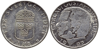 Швеция 1 крона 1992 Карл XVI Густав (1973- ) KM 852a медно-никель 4384-444