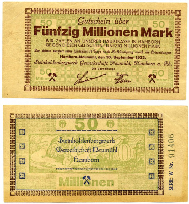 ХАМБОРН 50000000 марок (50 миллионов) 1923 10 сентября 1923, нотгельд, земля Северный Рейн-Вестфалия Keller 2107l бумага 2193-33-1-2