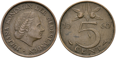 НИДЕРЛАНДЫ 5 ЦЕНТОВ 1960 ЮЛИАНА KM 181 бронза 95-341