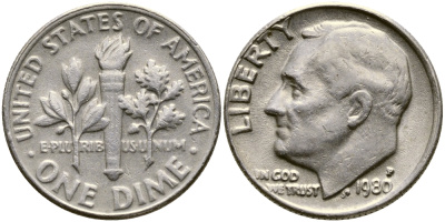 США 10 центов = дайм 1980 P, Рузвельт KM 195а медь плакированная медно-никелем 53-129