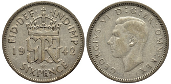 Великобритания 6 пенсов 1942 Георг VI (1936-1952) KM 852, Spink 4084 серебро 4538-451