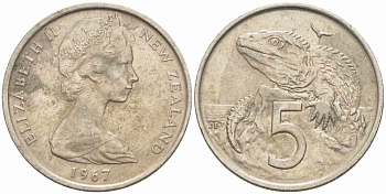 Новая Зеландия 5 центов 1967 Елизавета II (1952-2022), ящерица гаттерия KM 34.1 медно-никель 105-546
