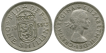 Великобритания 1 шиллинг 1955 Елизавета II (1952-2022), Шотландский герб KM 905, Spink 4148 медно-никель 4384-556