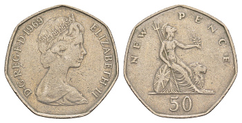 Великобритания 50 пенсов 1969 Елизавета II (1952-2022) KM 913, Spink 4223 медно-никель 4634-543