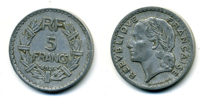 ФРАНЦИЯ 5 ФРАНКОВ 1946 KM 888b.1 алюминий 36-846