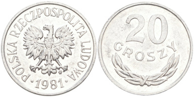 Польша 20 грошей 1981 MW KM A47 алюминий 3336-1234