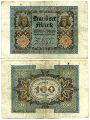 Германия 100 марок 1920 Бамбергский всадник, 7 цифр в номере Pick 69 a, Розенберг 67а  бумага 3295-114-2-2