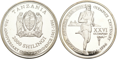 Танзания 2000 шиллингов 1996 XXVI Олимпийские игры 1996 года в Атланте, 100 лет Олимпийскому движению, бег, пробник, гладкий гурт серебро PROOF 06-135-15