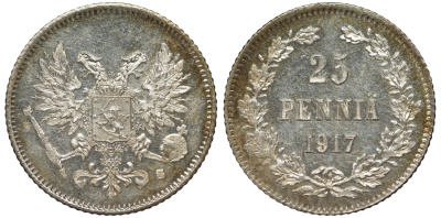 Россия для Финляндии 25 пенни 1917 S, временное правительство, без короны KM 19, Биткин 2 серебро 75-1531