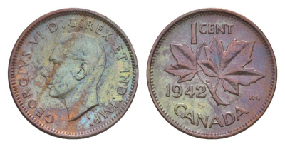 Канада 1 цент 1942 Георг VI (1936-1952), кленовый лист KM 32 бронза 4639-256