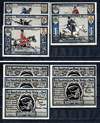 Штольп (Пруссия, Померания) полный набор из 5 нотгельдов (50 и 75 пфеннигов; 1, 1,5 и 2 марки) 1922 Mehl Grabowski 1275.3 бумага UNC (пресс) 7556-58-2-1