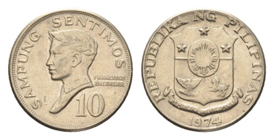 Филиппины 10 сентимо 1974 KM 198 медно-никель UNC 4668-666
